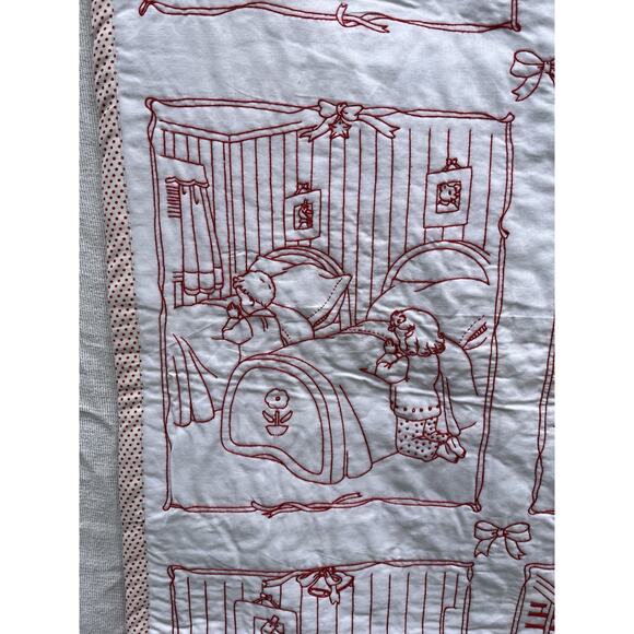 Kids Santa Christmas Throw Wall Hanging Red Work Embroidery Retro 1920s Style - Picture 3 of 10